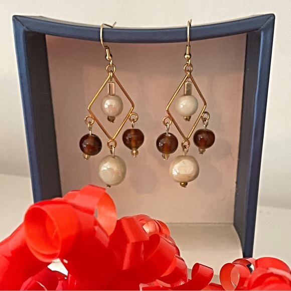 Boho Style Earrings, Autumn Colors Drop Dangle. Rhombus Shape Earrings - Picture 4 of 6